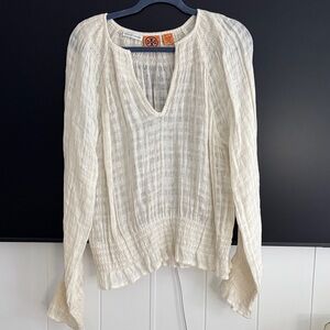 Tory Burch Cream Gauze V-Neck Peasant Top